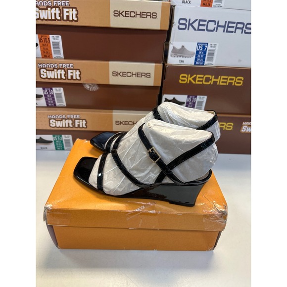 Ugly Shoes - Unisa Wedge Sandals Women 6.5 Black Patent Strappy Square Toe 106-0956 0665